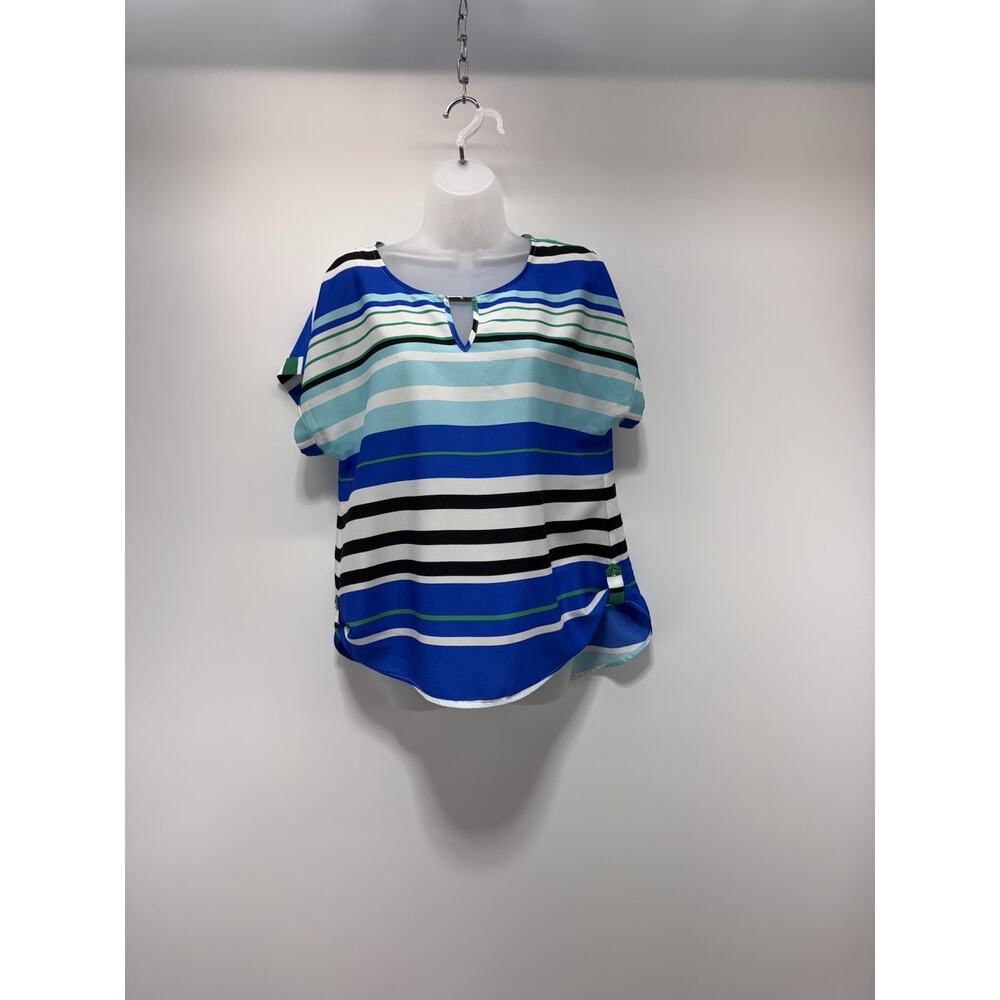 CALVIN KLEIN Blue Black Green Striped Blouse Women’s Size Large
